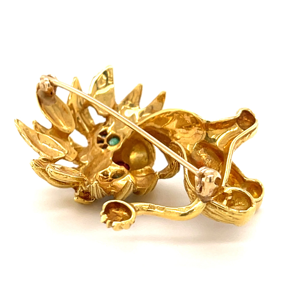 Vintage Cartier 18k Gold Lion Dragon Brooch w/ Emerald, Ruby and Diamond Accents.