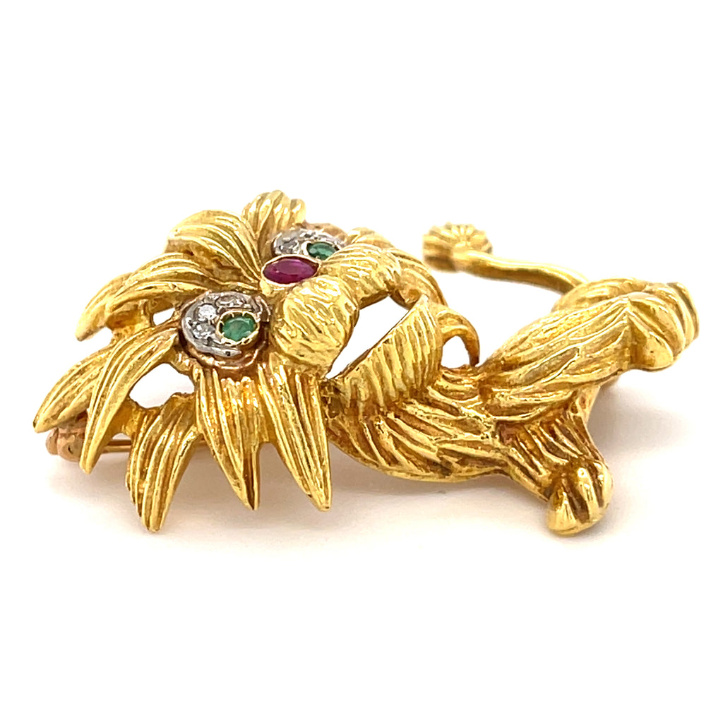 Vintage Cartier 18k Gold Lion Dragon Brooch w/ Emerald, Ruby and Diamond Accents.