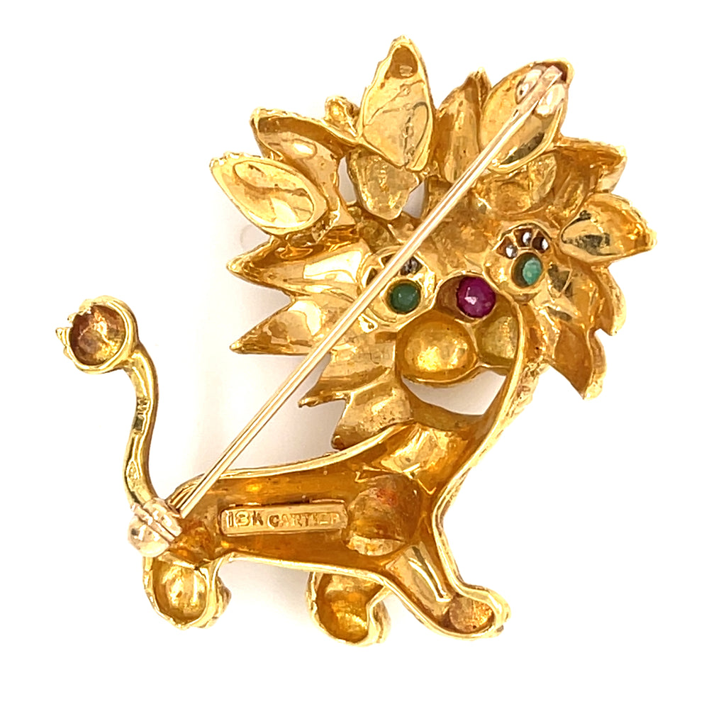 Vintage Cartier 18k Gold Lion Dragon Brooch w/ Emerald, Ruby and Diamond Accents.