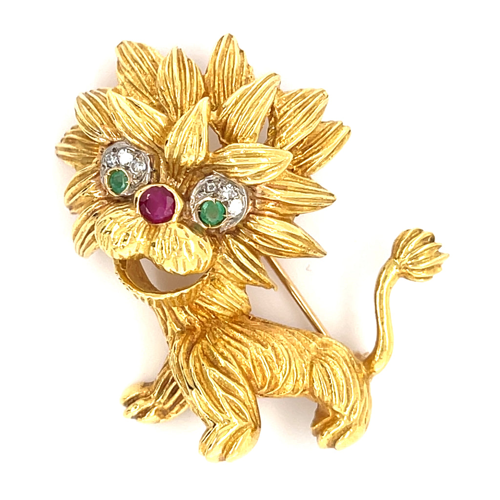 Vintage Cartier 18k Gold Lion Dragon Brooch w/ Emerald, Ruby and Diamond Accents.