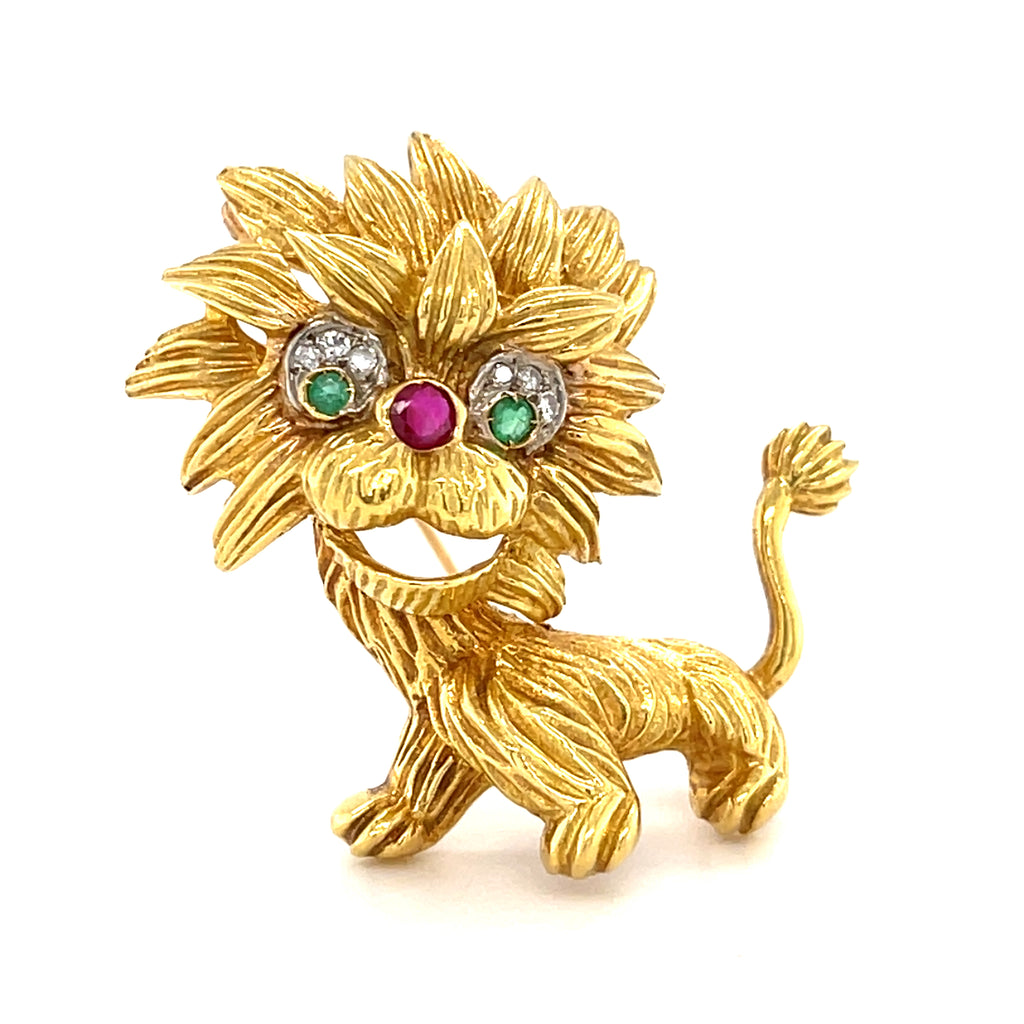Vintage Cartier 18k Gold Lion Dragon Brooch w/ Emerald, Ruby and Diamond Accents.