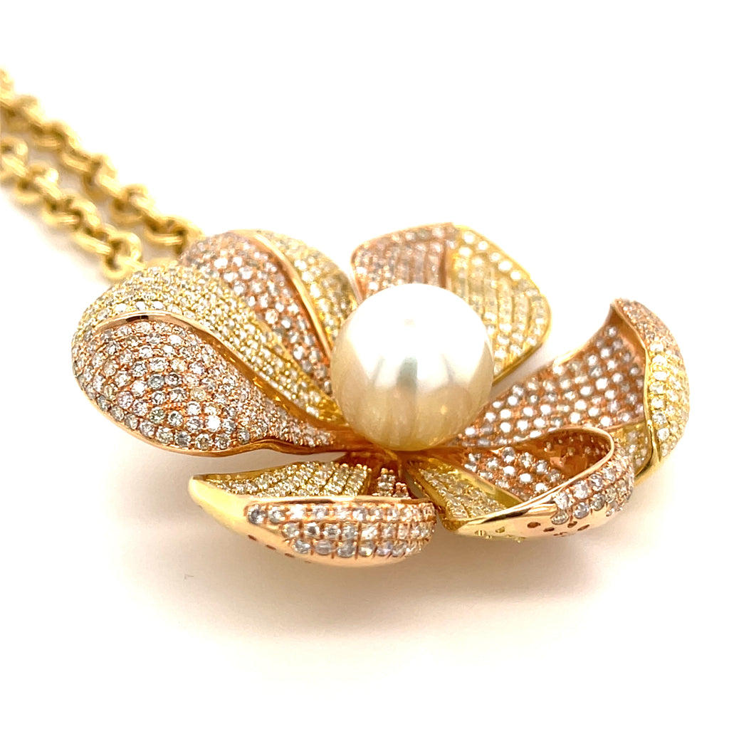 Hasbani Gioielli 18K Gold & Pearl Flower Pendant Necklace w/ 9ct Diamonds, Length 23"