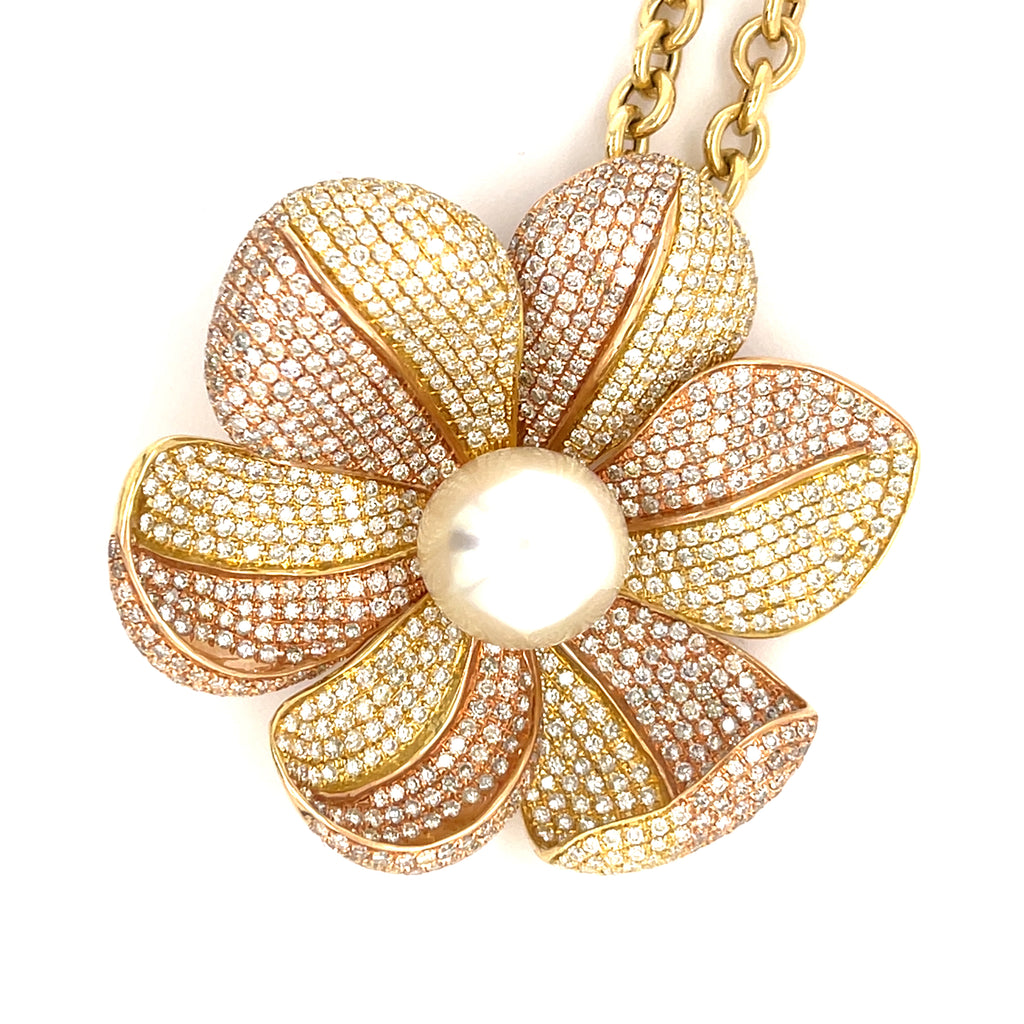 Hasbani Gioielli 18K Gold & Pearl Flower Pendant Necklace w/ 9ct Diamonds, Length 23"
