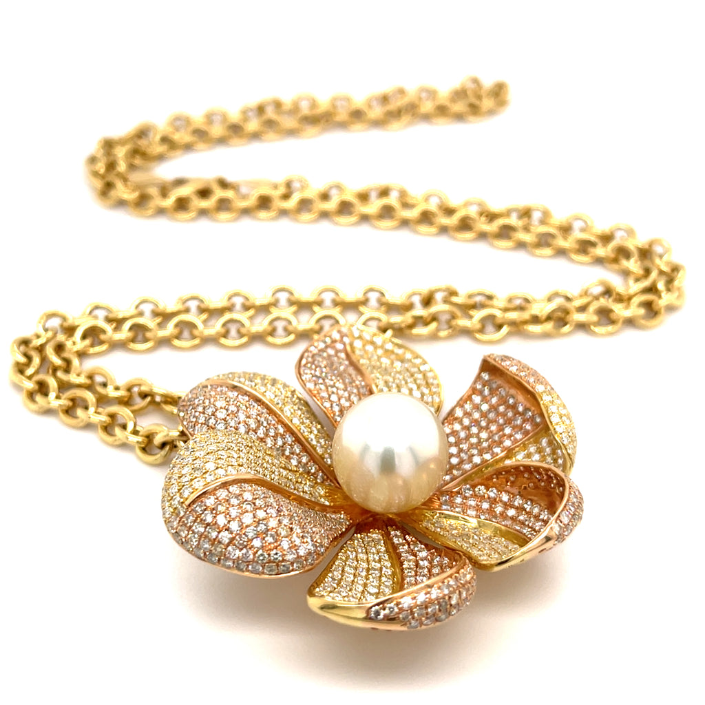 Hasbani Gioielli 18K Gold & Pearl Flower Pendant Necklace w/ 9ct Diamonds, Length 23"