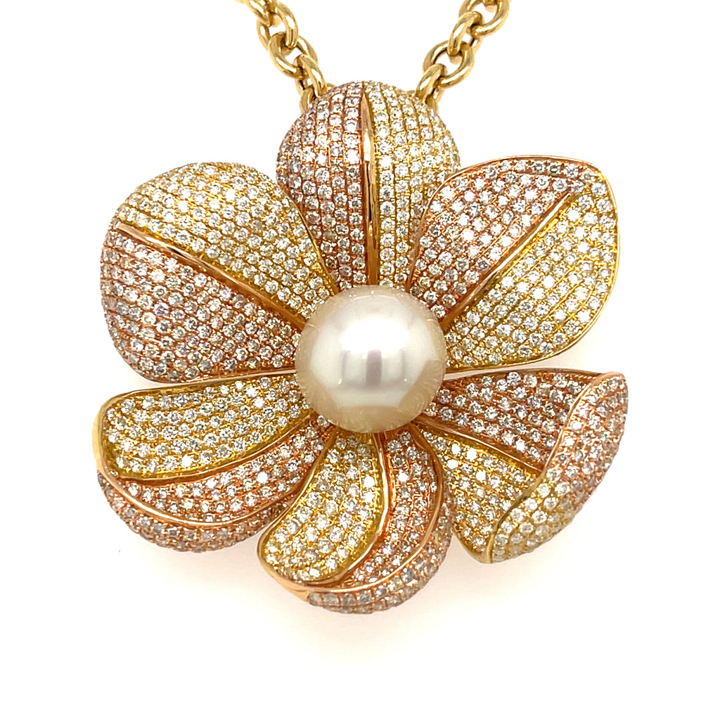 Hasbani Gioielli 18K Gold & Pearl Flower Pendant Necklace w/ 9ct Diamonds, Length 23"