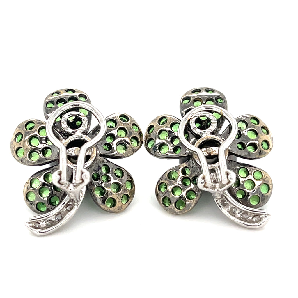 18k White Gold & South Sea Pearl Flower Clip-on Earrings w/ 2.95ct Tsavorite, 0.45ct Diamond