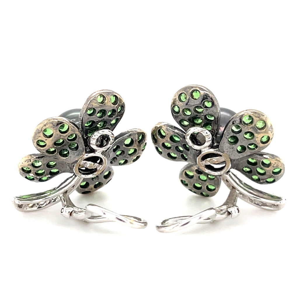 18k White Gold & South Sea Pearl Flower Clip-on Earrings w/ 2.95ct Tsavorite, 0.45ct Diamond