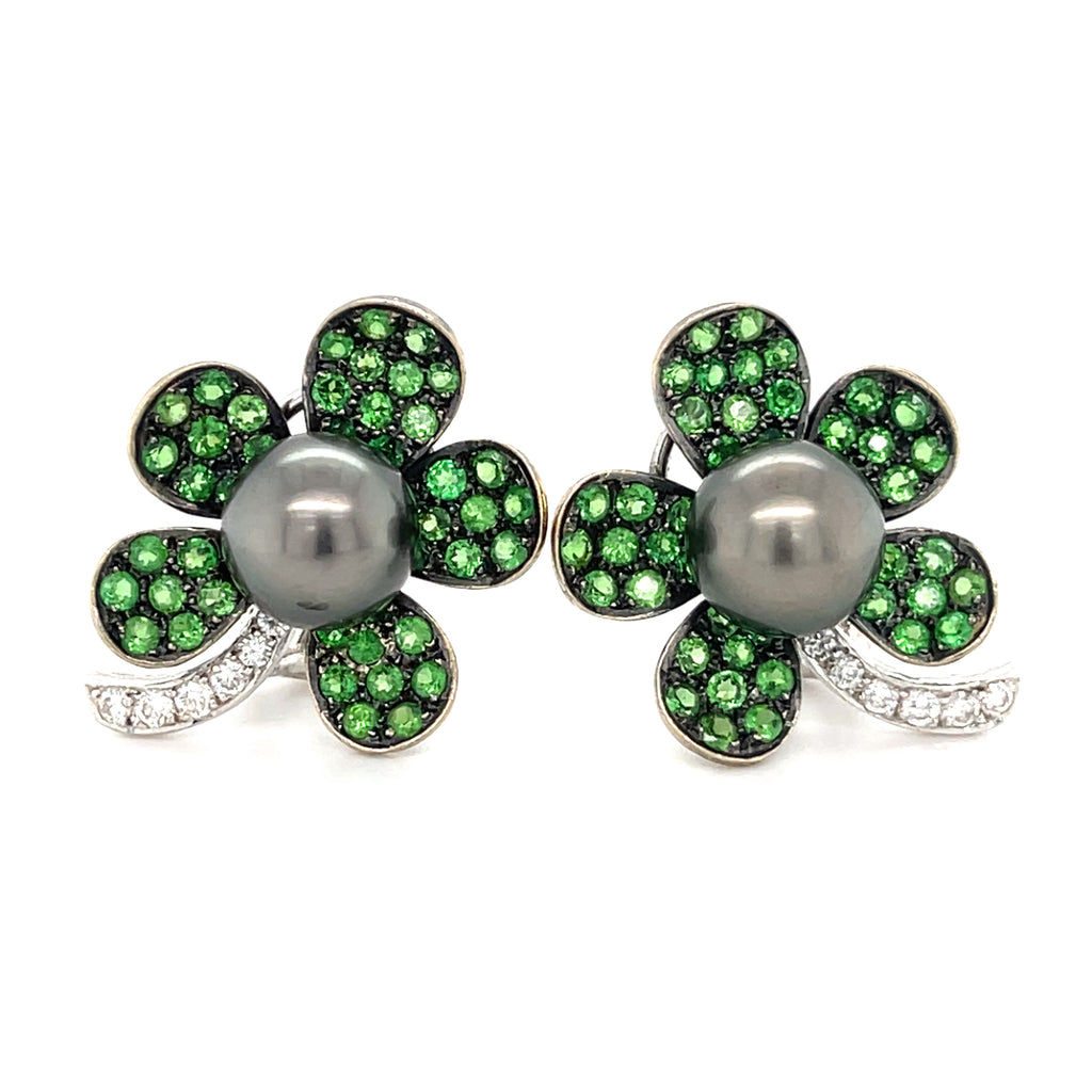 18k White Gold & South Sea Pearl Flower Clip-on Earrings w/ 2.95ct Tsavorite, 0.45ct Diamond