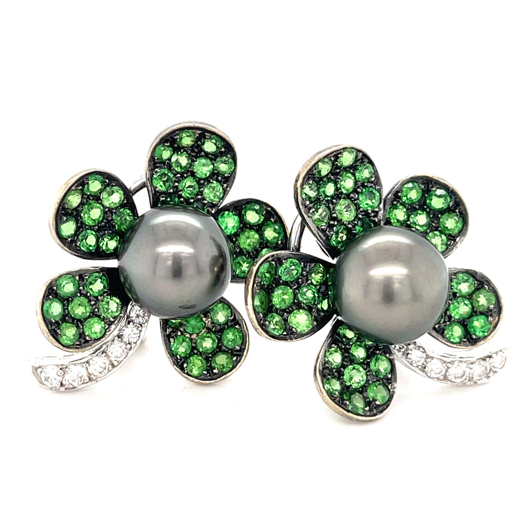 18k White Gold & South Sea Pearl Flower Clip-on Earrings w/ 2.95ct Tsavorite, 0.45ct Diamond