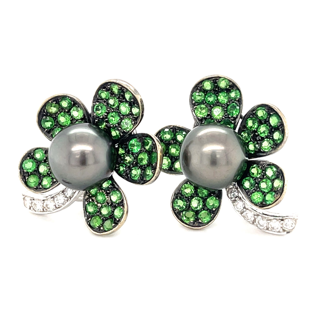 18k White Gold & South Sea Pearl Flower Clip-on Earrings w/ 2.95ct Tsavorite, 0.45ct Diamond