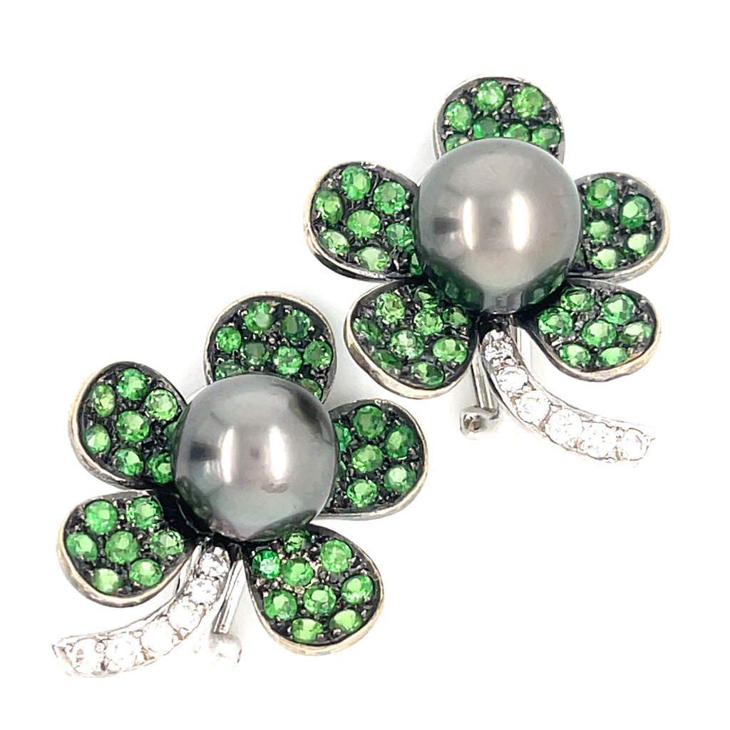 18k White Gold & South Sea Pearl Flower Clip-on Earrings w/ 2.95ct Tsavorite, 0.45ct Diamond