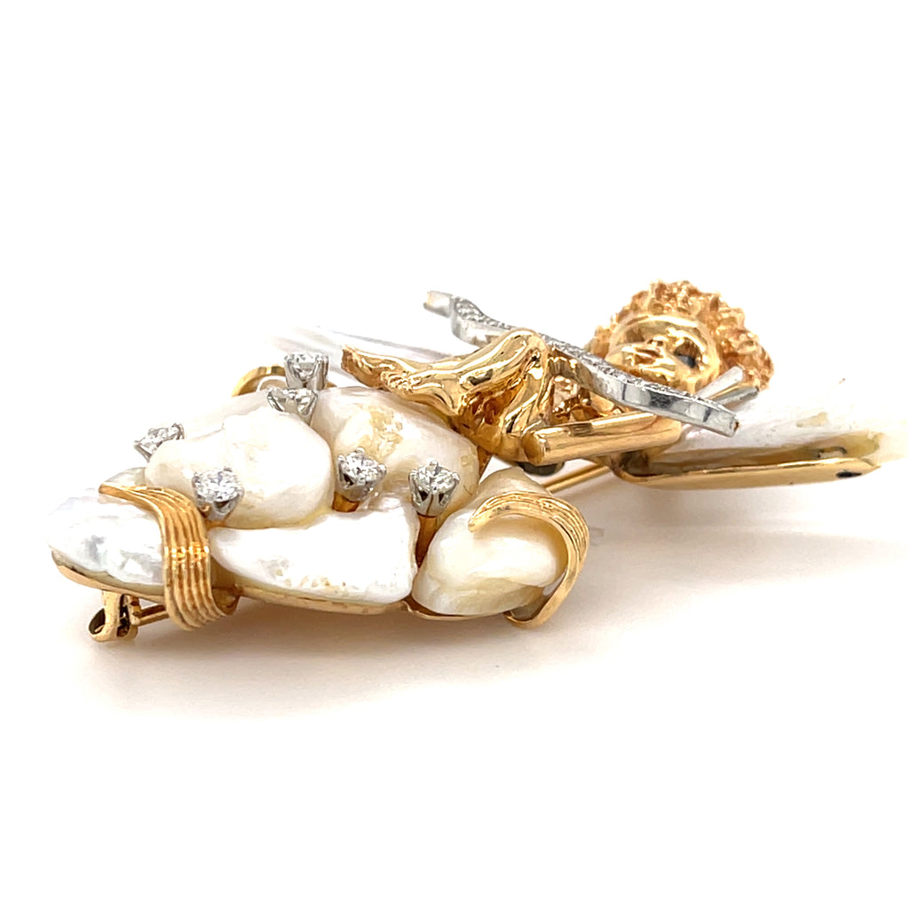 Ruser 14k Gold & Mississippi River Pearl Cherub / Angel Brooch w/ Diamond, Sapphire