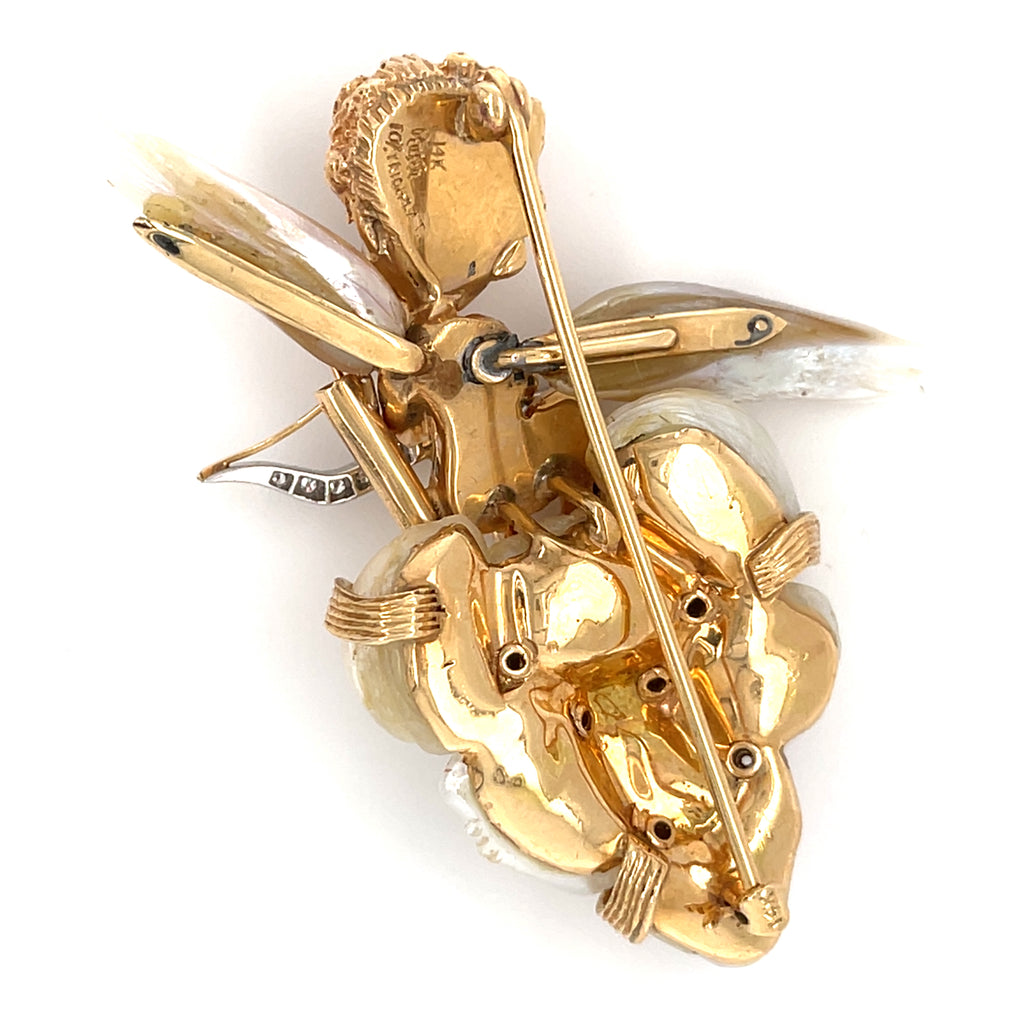 Ruser 14k Gold & Mississippi River Pearl Cherub / Angel Brooch w/ Diamond, Sapphire