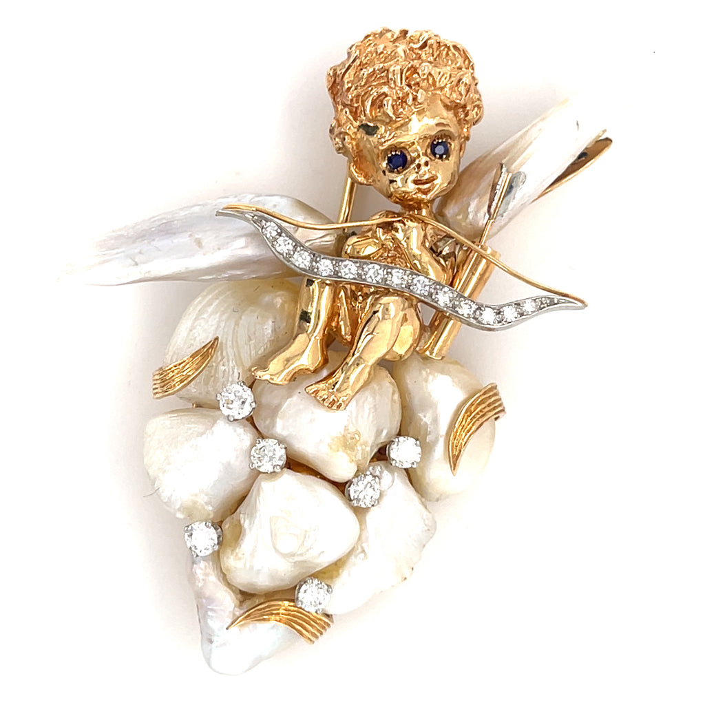 Ruser 14k Gold & Mississippi River Pearl Cherub / Angel Brooch w/ Diamond, Sapphire