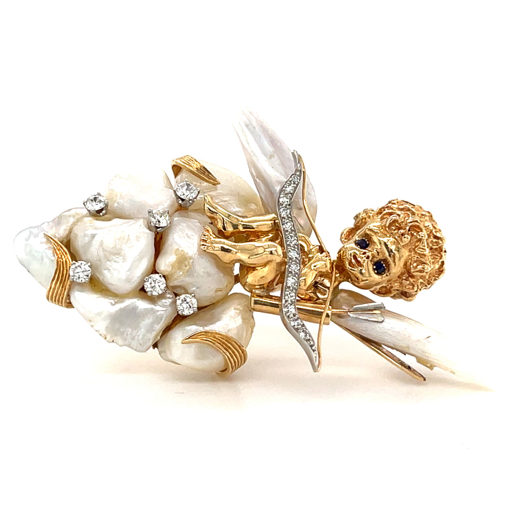 Ruser 14k Gold & Mississippi River Pearl Cherub / Angel Brooch w/ Diamond, Sapphire