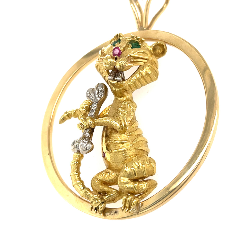 Hammerman Bros 18k Gold Mouse Pendant w/ Emerald, Ruby & 0.15ct Diamond, 35g.