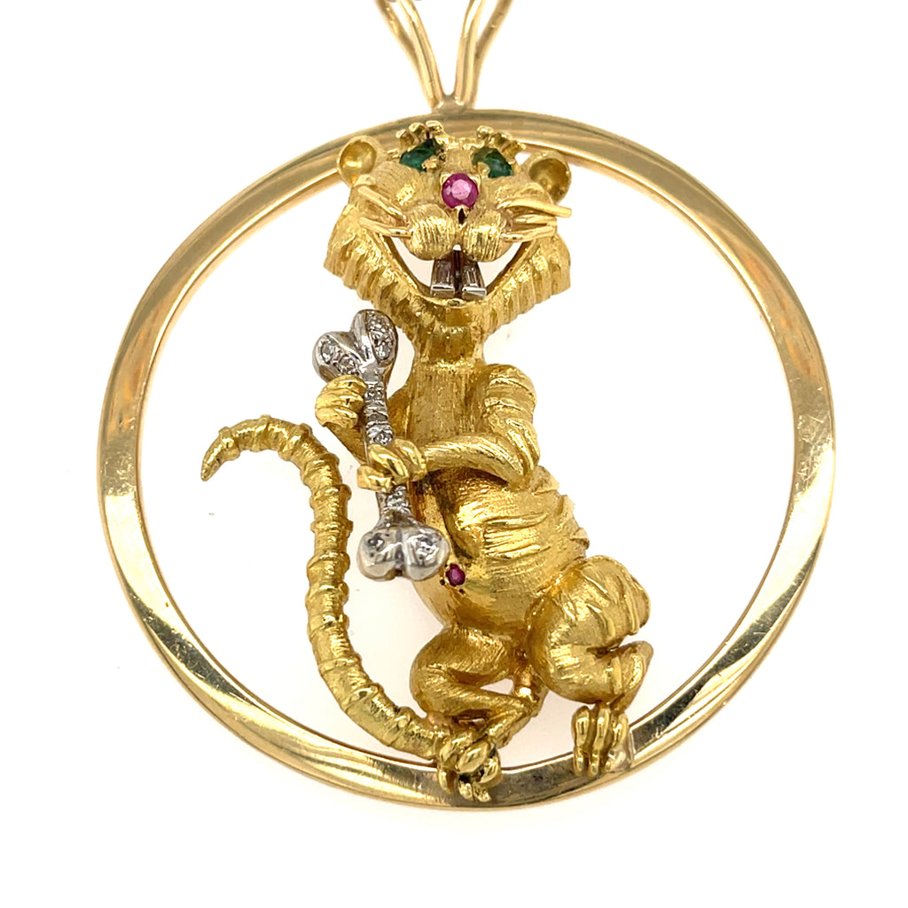 Hammerman Bros 18k Gold Mouse Pendant w/ Emerald, Ruby & 0.15ct Diamond, 35g.