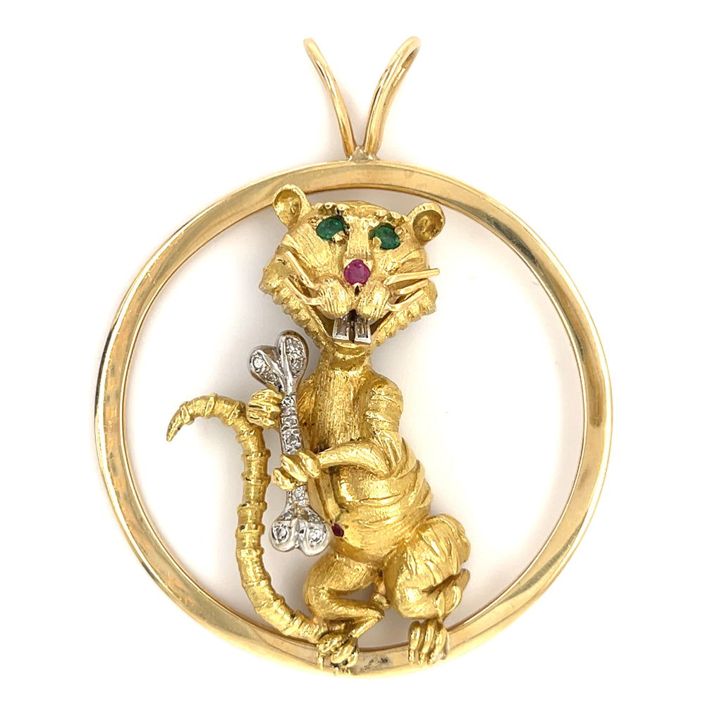Hammerman Bros 18k Gold Mouse Pendant w/ Emerald, Ruby & 0.15ct Diamond, 35g.