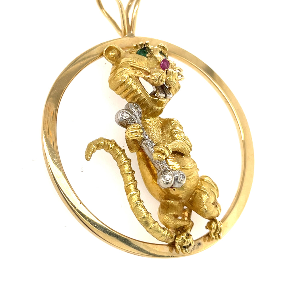Hammerman Bros 18k Gold Mouse Pendant w/ Emerald, Ruby & 0.15ct Diamond, 35g.