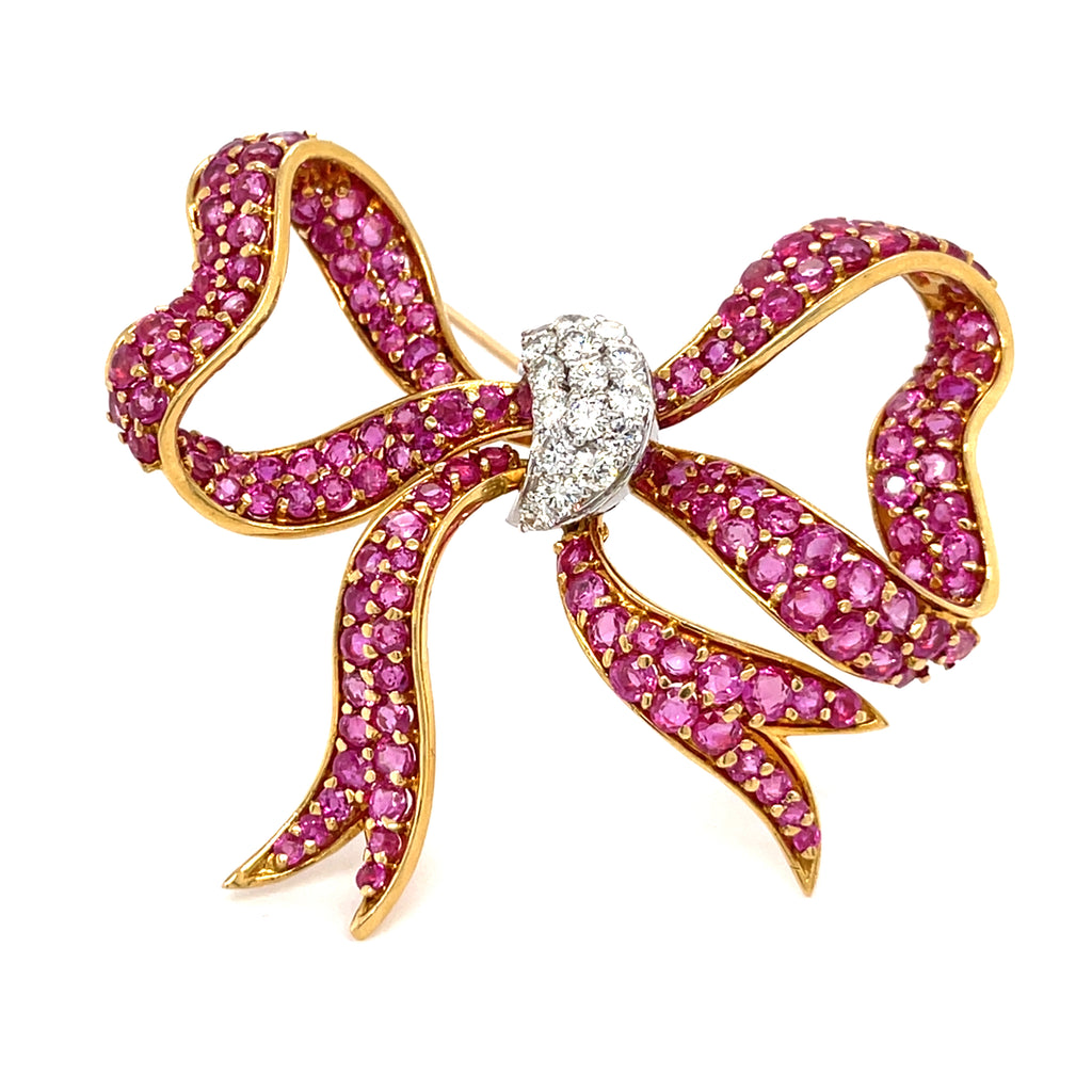 18k Yellow Gold & Ruby Bow Brooch w/ 0.75ct Diamond Accents, 21.20g