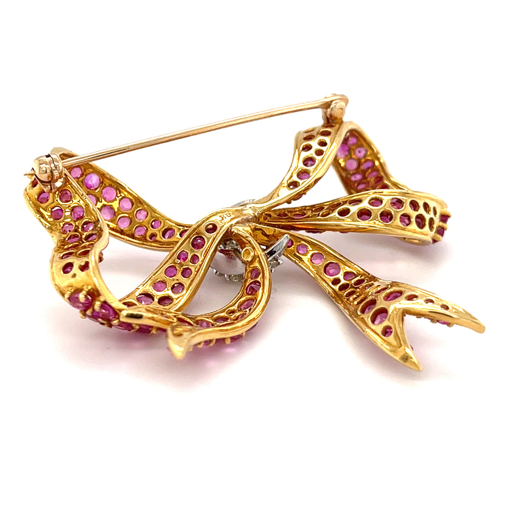 18k Yellow Gold & Ruby Bow Brooch w/ 0.75ct Diamond Accents, 21.20g