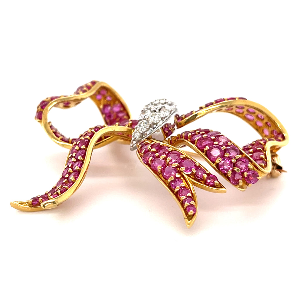 18k Yellow Gold & Ruby Bow Brooch w/ 0.75ct Diamond Accents, 21.20g