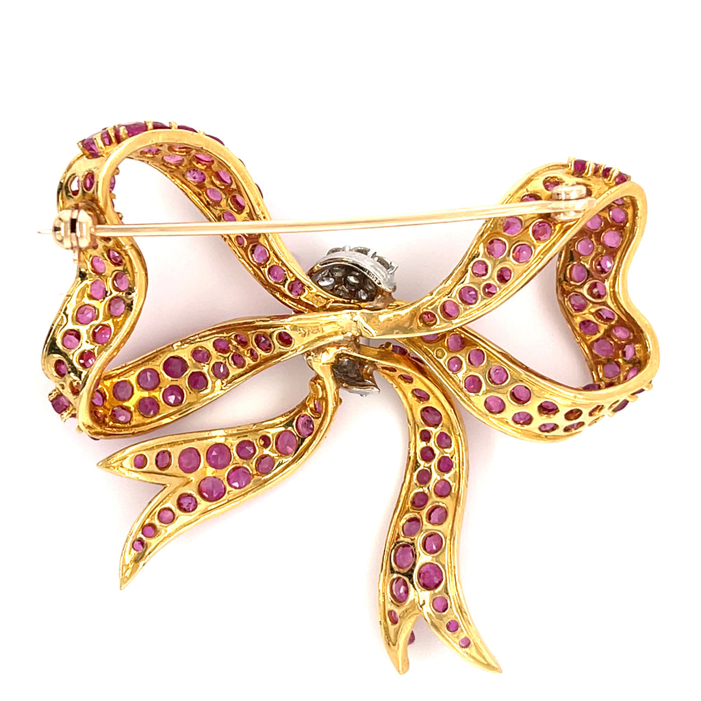 18k Yellow Gold & Ruby Bow Brooch w/ 0.75ct Diamond Accents, 21.20g