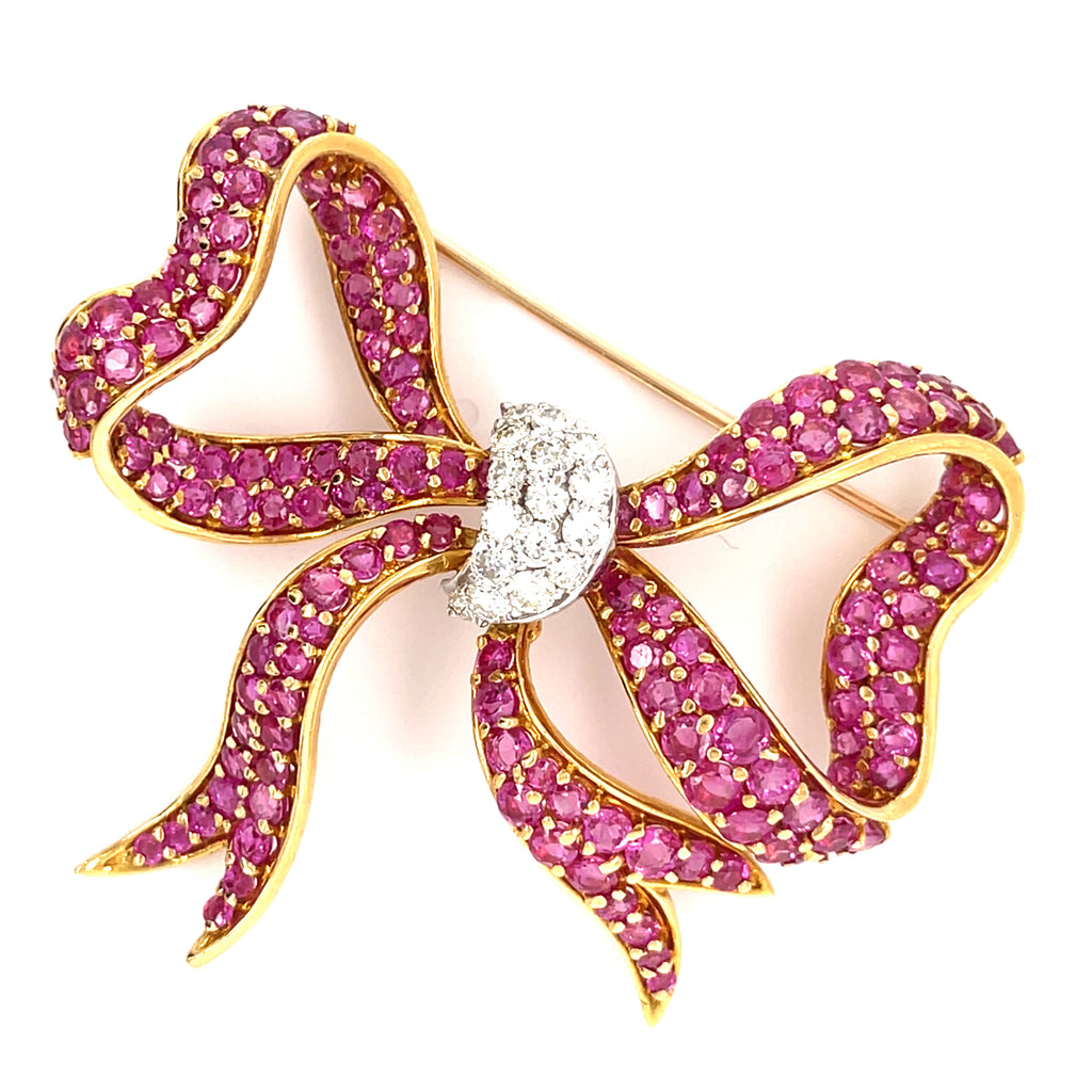 18k Yellow Gold & Ruby Bow Brooch w/ 0.75ct Diamond Accents, 21.20g