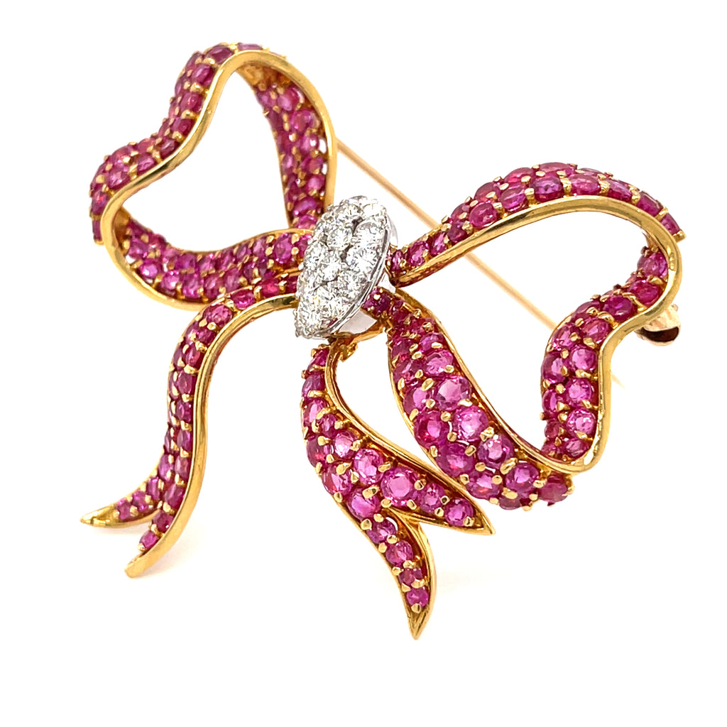 18k Yellow Gold & Ruby Bow Brooch w/ 0.75ct Diamond Accents, 21.20g