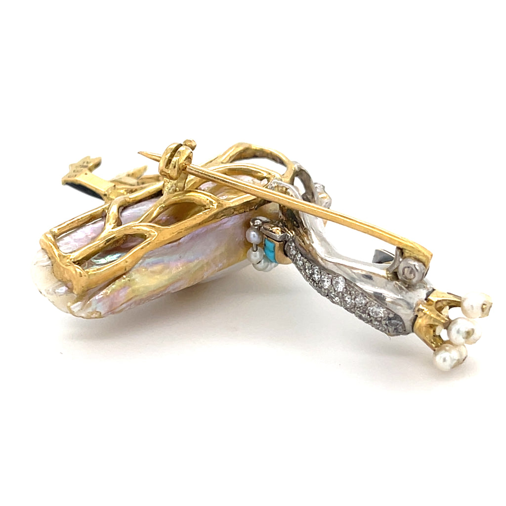 14k Two-Tone Gold & Freshwater Pearl Crowned Swan Brooch w/ Diamond Accents.
