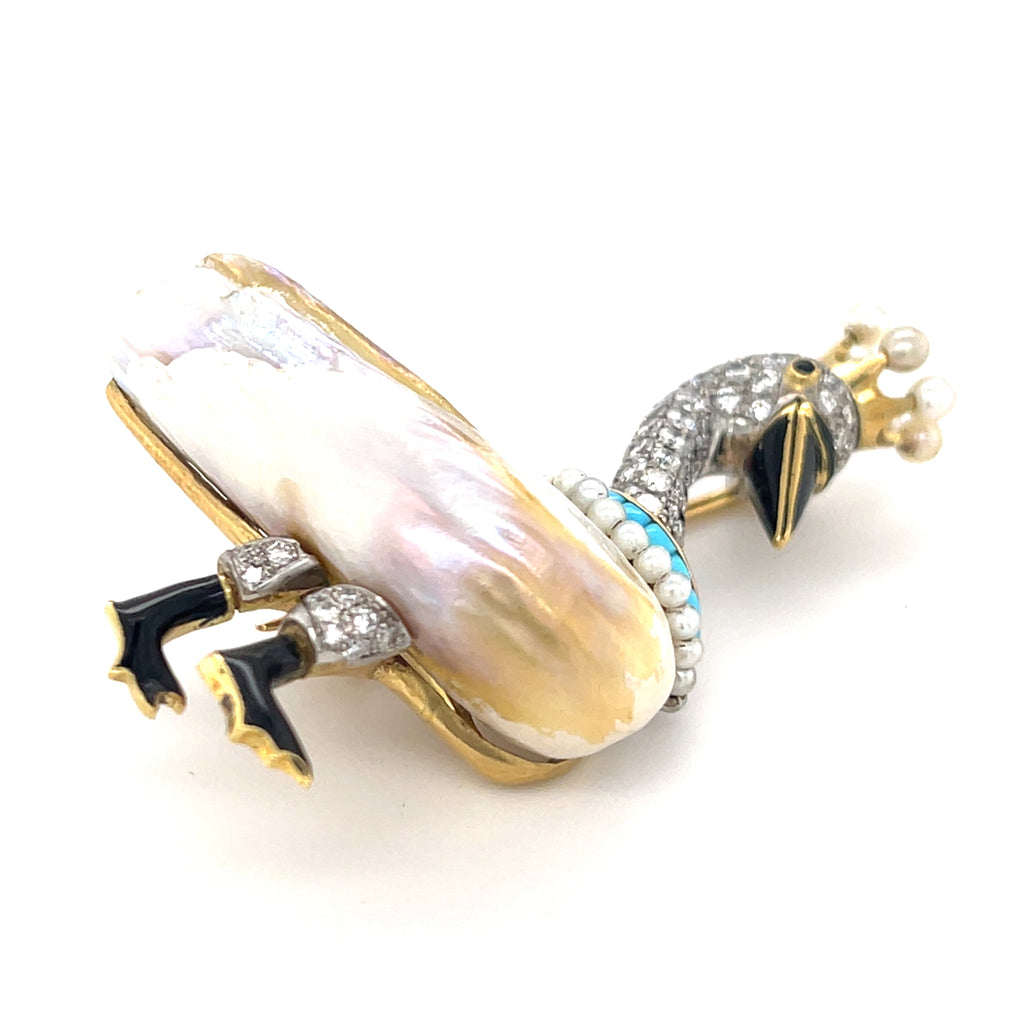 14k Two-Tone Gold & Freshwater Pearl Crowned Swan Brooch w/ Diamond Accents.