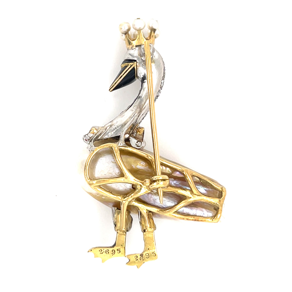 14k Two-Tone Gold & Freshwater Pearl Crowned Swan Brooch w/ Diamond Accents.