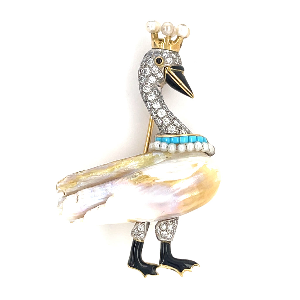 14k Two-Tone Gold & Freshwater Pearl Crowned Swan Brooch w/ Diamond Accents.