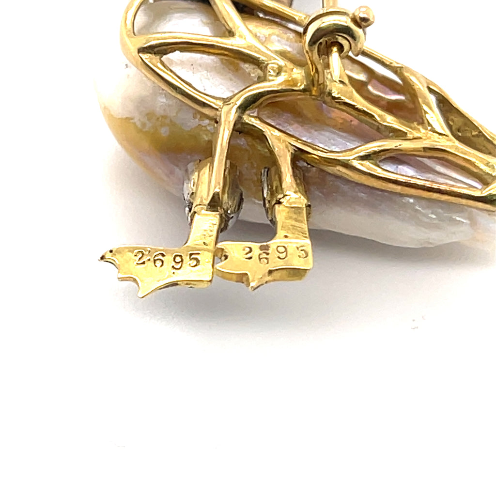 14k Two-Tone Gold & Freshwater Pearl Crowned Swan Brooch w/ Diamond Accents.