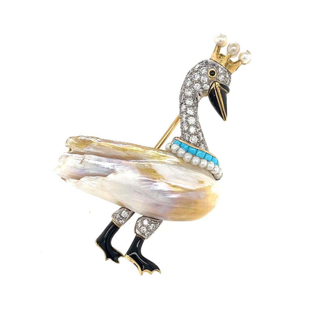 14k Two-Tone Gold & Freshwater Pearl Crowned Swan Brooch w/ Diamond Accents.
