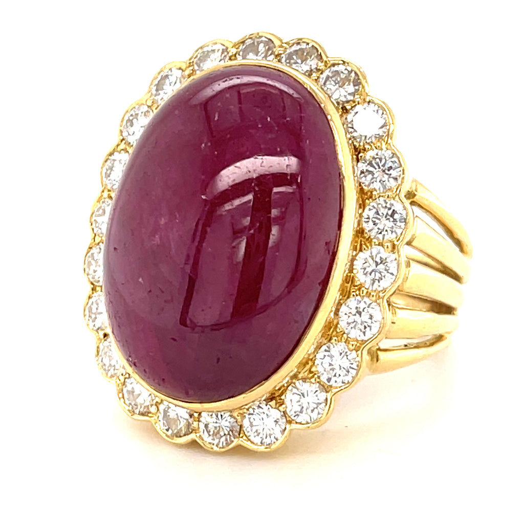 18K Yellow Gold & 35.7ct Ruby Cabochon Ring w/ 2.2ct Diamond Halo, Size 10.