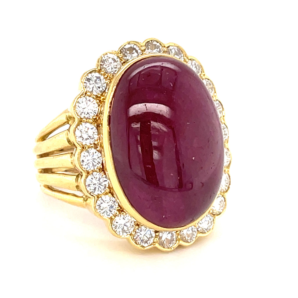 18K Yellow Gold & 35.7ct Ruby Cabochon Ring w/ 2.2ct Diamond Halo, Size 10.