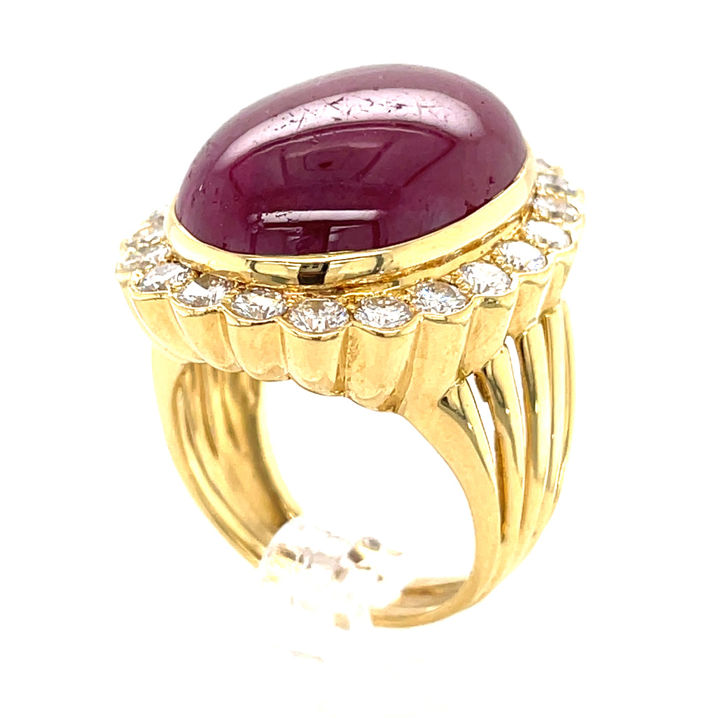 18K Yellow Gold & 35.7ct Ruby Cabochon Ring w/ 2.2ct Diamond Halo, Size 10.