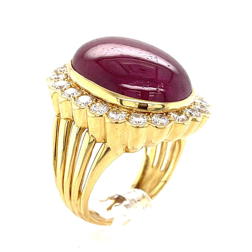 18K Yellow Gold & 35.7ct Ruby Cabochon Ring w/ 2.2ct Diamond Halo, Size 10.