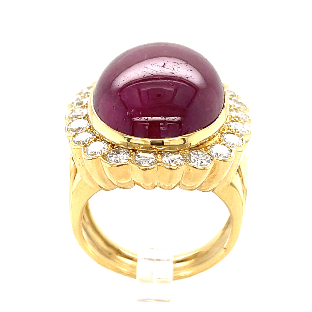 18K Yellow Gold & 35.7ct Ruby Cabochon Ring w/ 2.2ct Diamond Halo, Size 10.