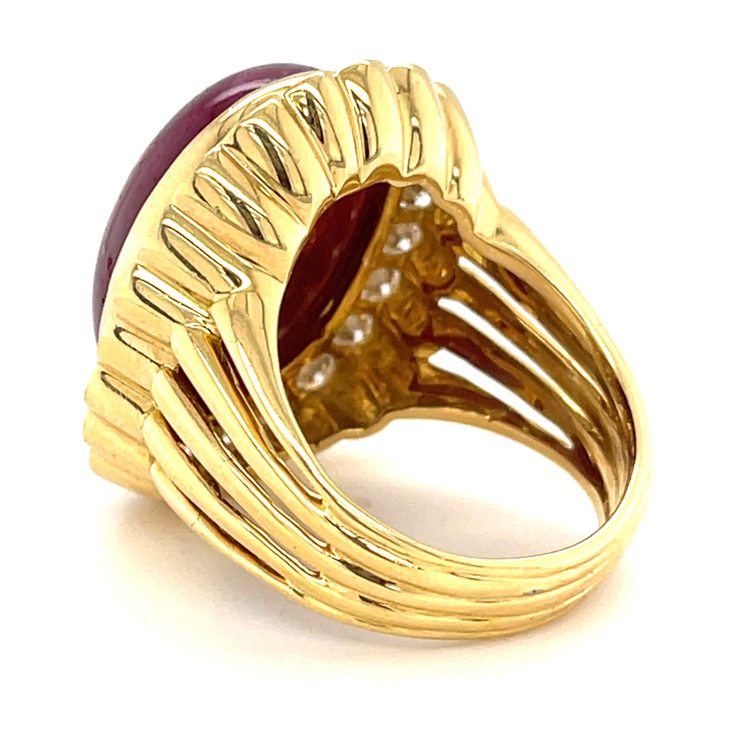 18K Yellow Gold & 35.7ct Ruby Cabochon Ring w/ 2.2ct Diamond Halo, Size 10.
