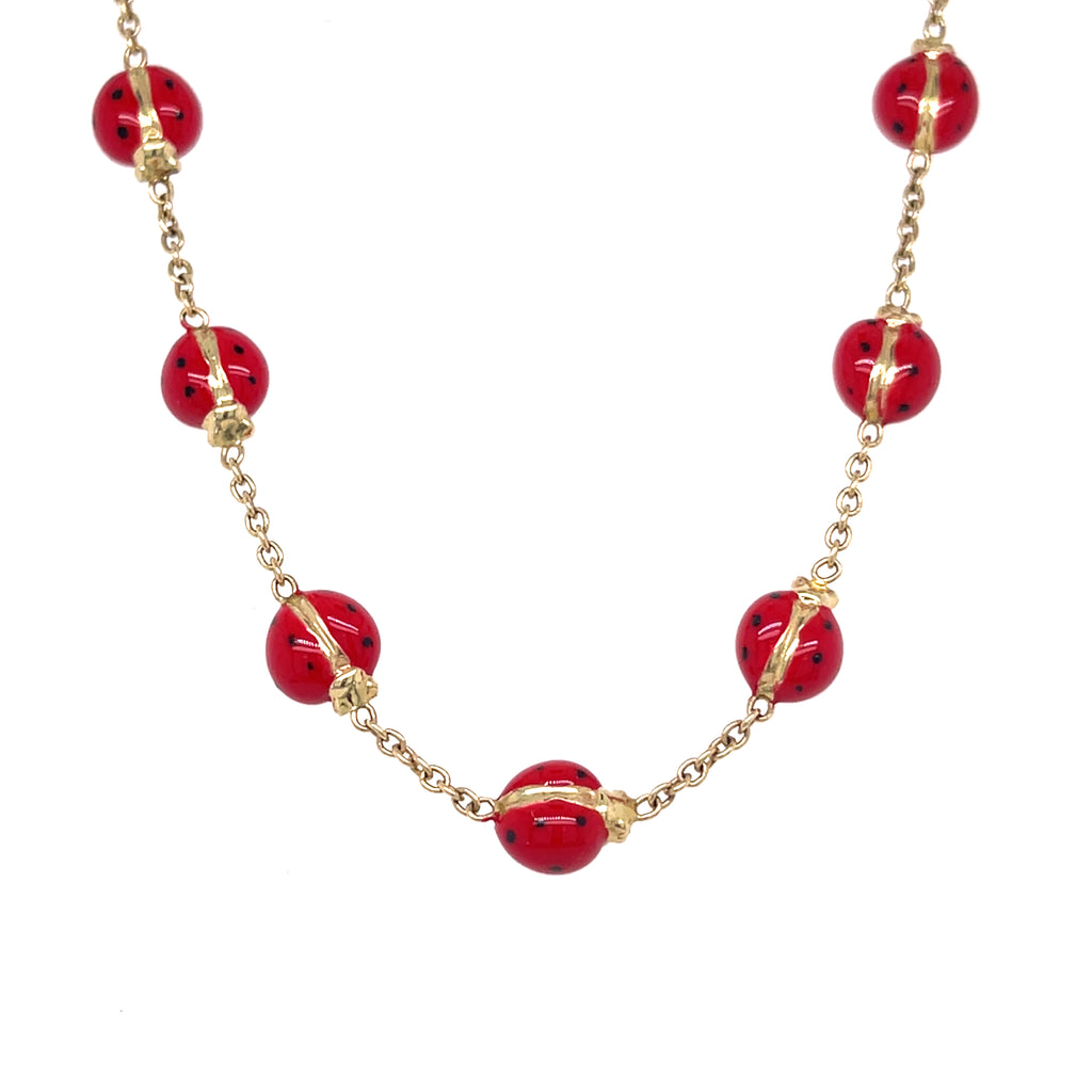 14k Yellow Gold & Enamel Ladybug Chain Bracelet, Size 8.25