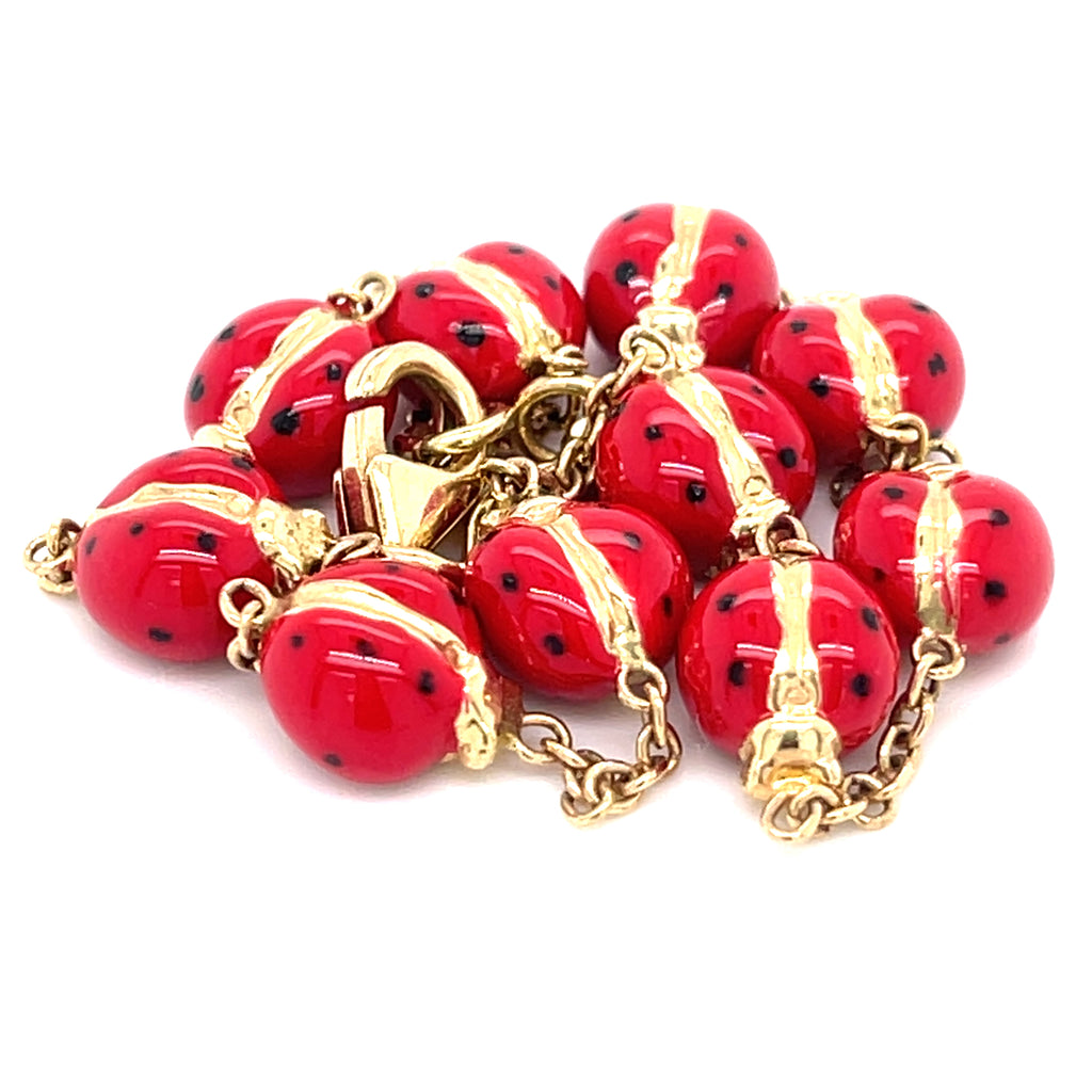 14k Yellow Gold & Enamel Ladybug Chain Bracelet, Size 8.25