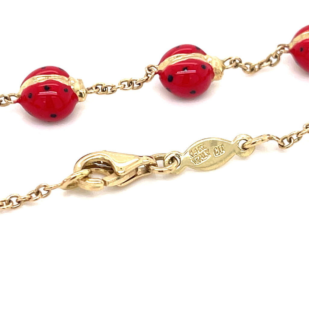 14k Yellow Gold & Enamel Ladybug Chain Bracelet, Size 8.25