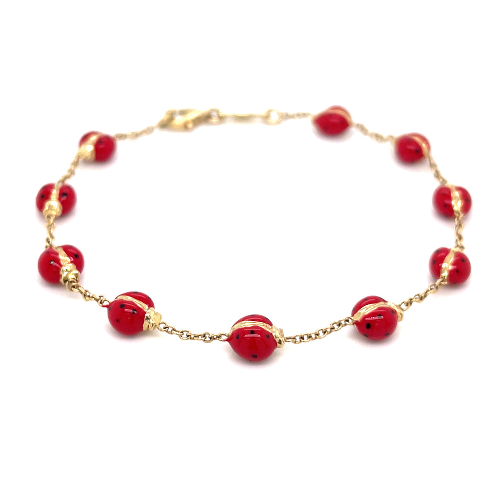 14k Yellow Gold & Enamel Ladybug Chain Bracelet, Size 8.25