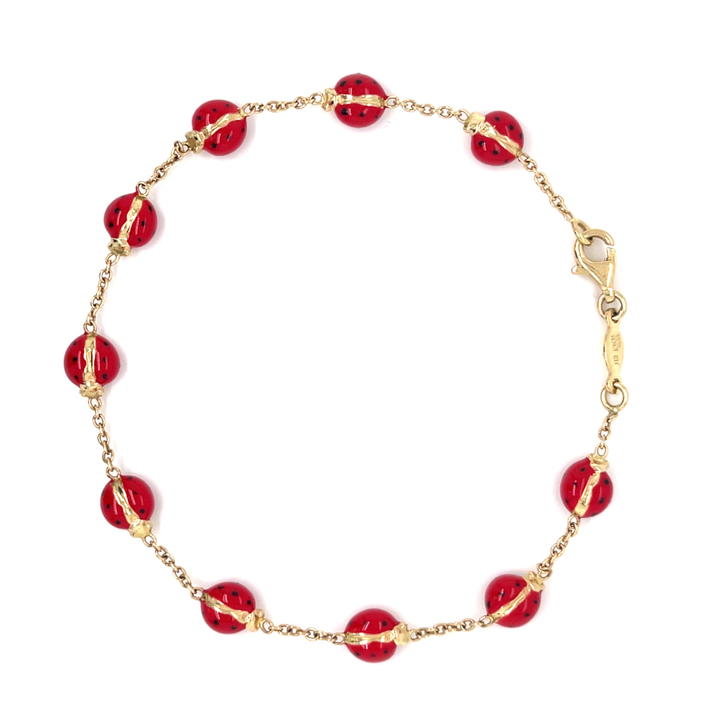 14k Yellow Gold & Enamel Ladybug Chain Bracelet, Size 8.25