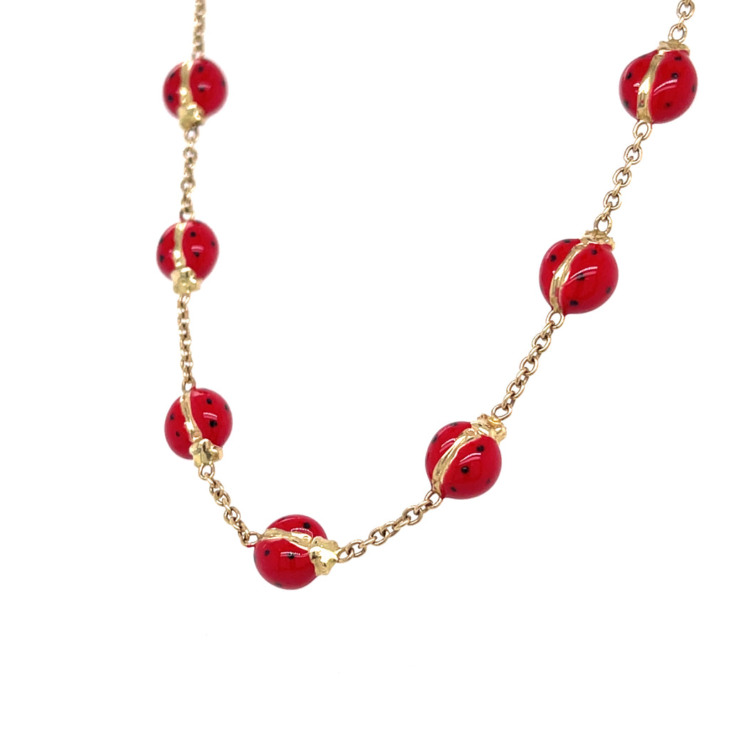 14k Yellow Gold & Enamel Ladybug Chain Bracelet, Size 8.25