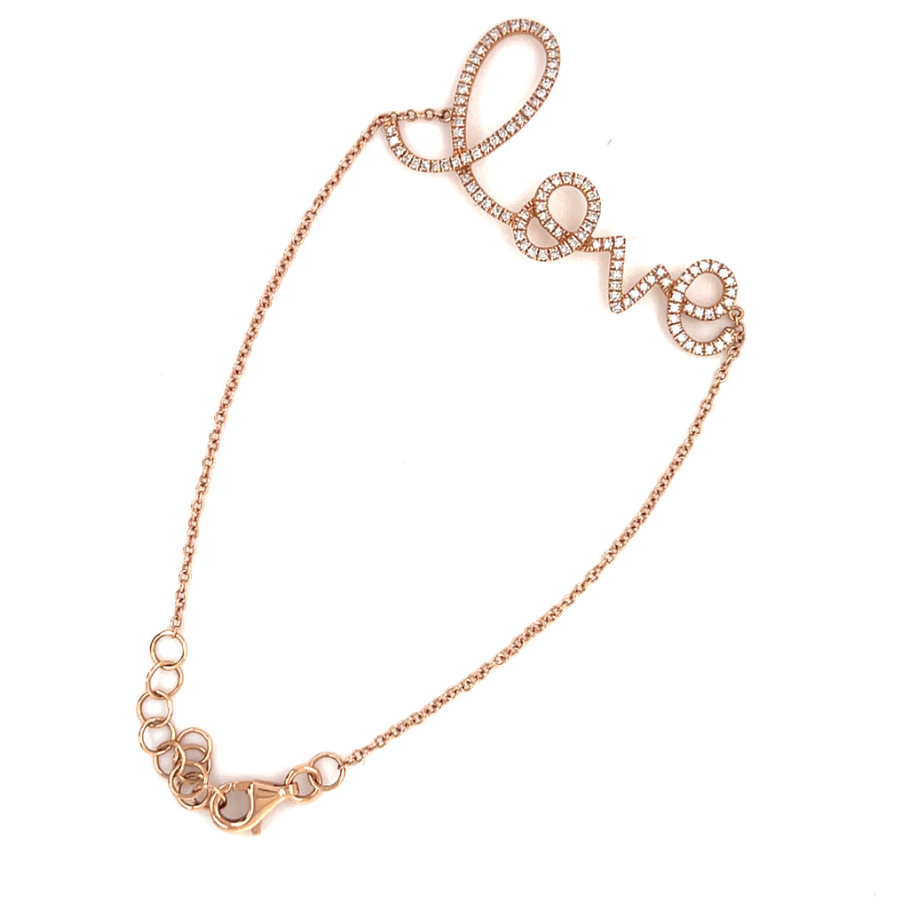 14k Rose Gold "Love" Bracelet in Delicate Script, Size 7.