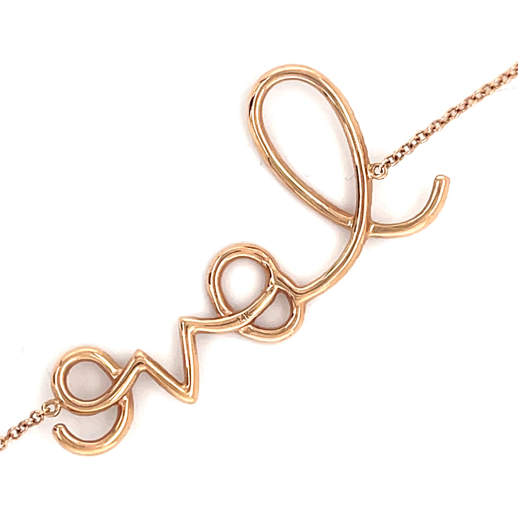14k Rose Gold "Love" Bracelet in Delicate Script, Size 7.