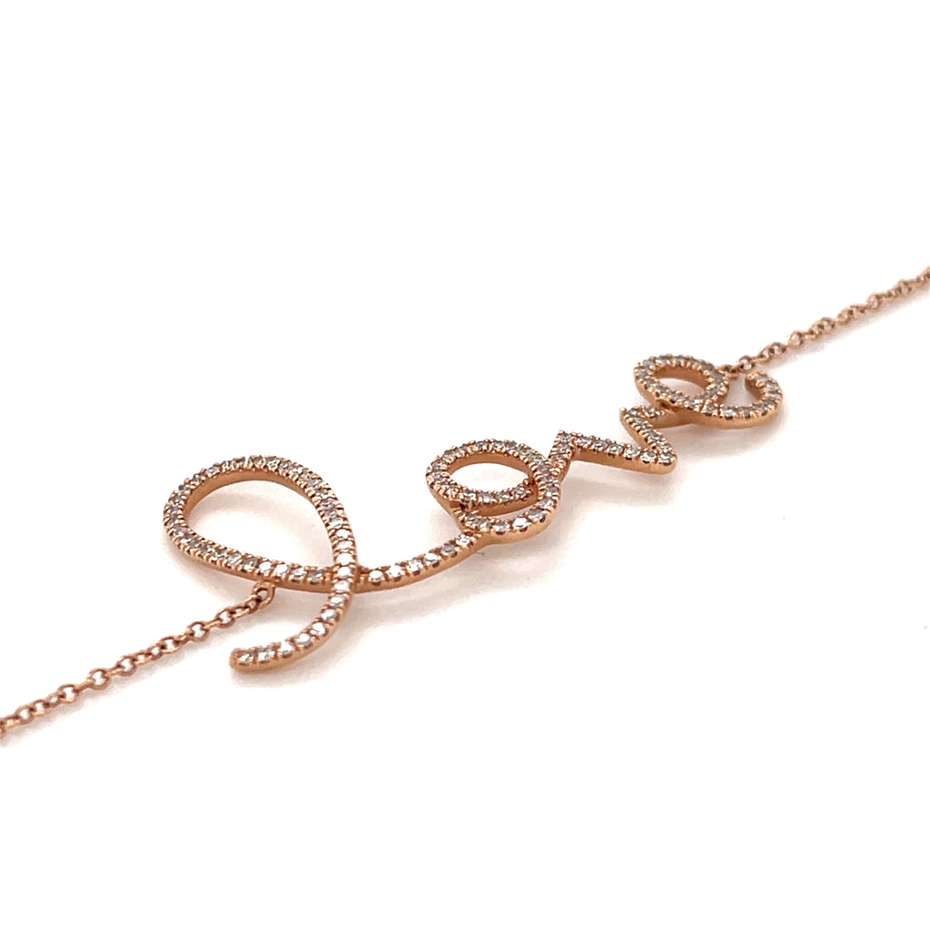 14k Rose Gold "Love" Bracelet in Delicate Script, Size 7.